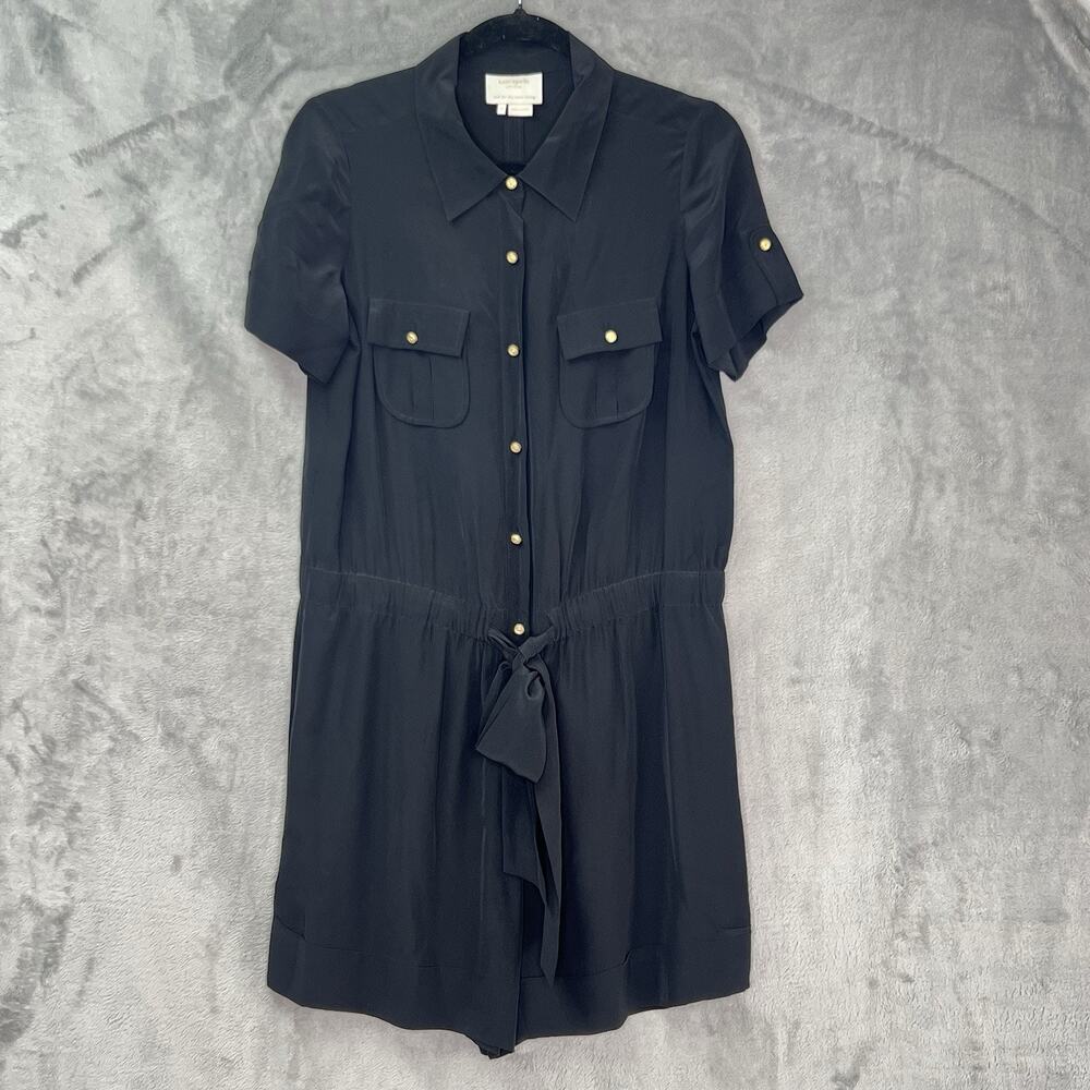Kate Spade Black Silk Drawstring Utility Romper Sz 6 Chest Pockets Short Sleeves
